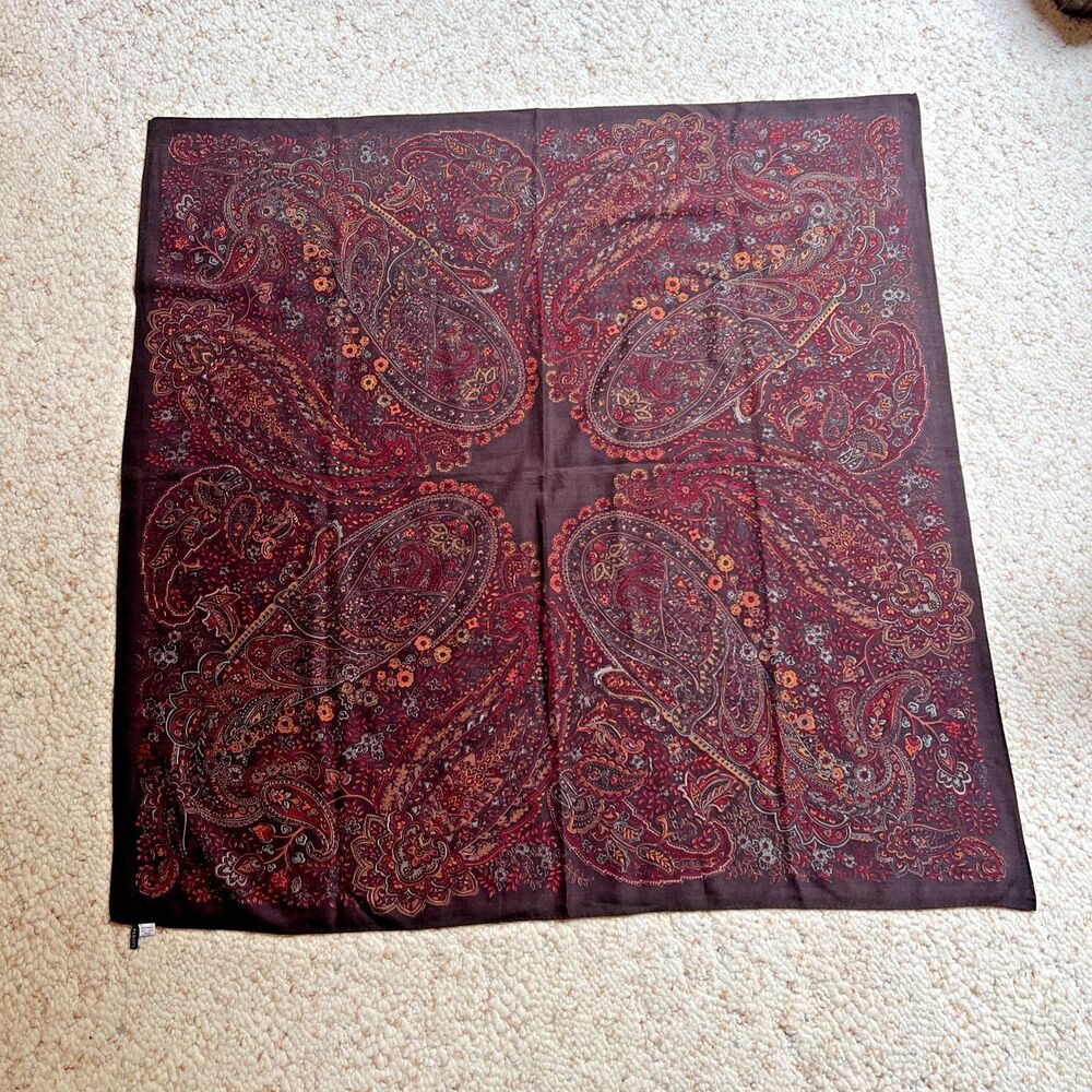 Talbots 44” x 44” Black Brown Burgundy Blue 80% Wool 20 Silk Paisley Print Scarf - Picture 3 of 6